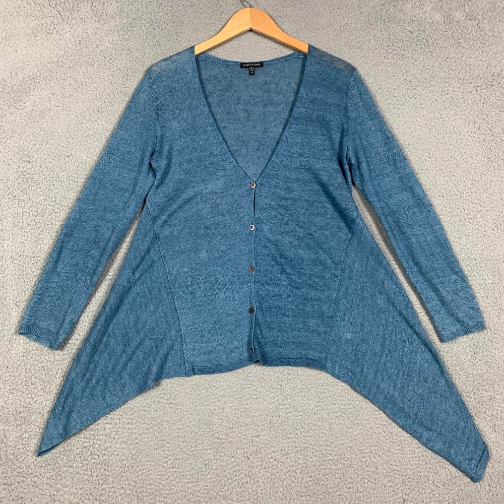 Eileen Fisher Delave Cardigan Women's XS Blue Linen Button Up Asymmetrical Hem